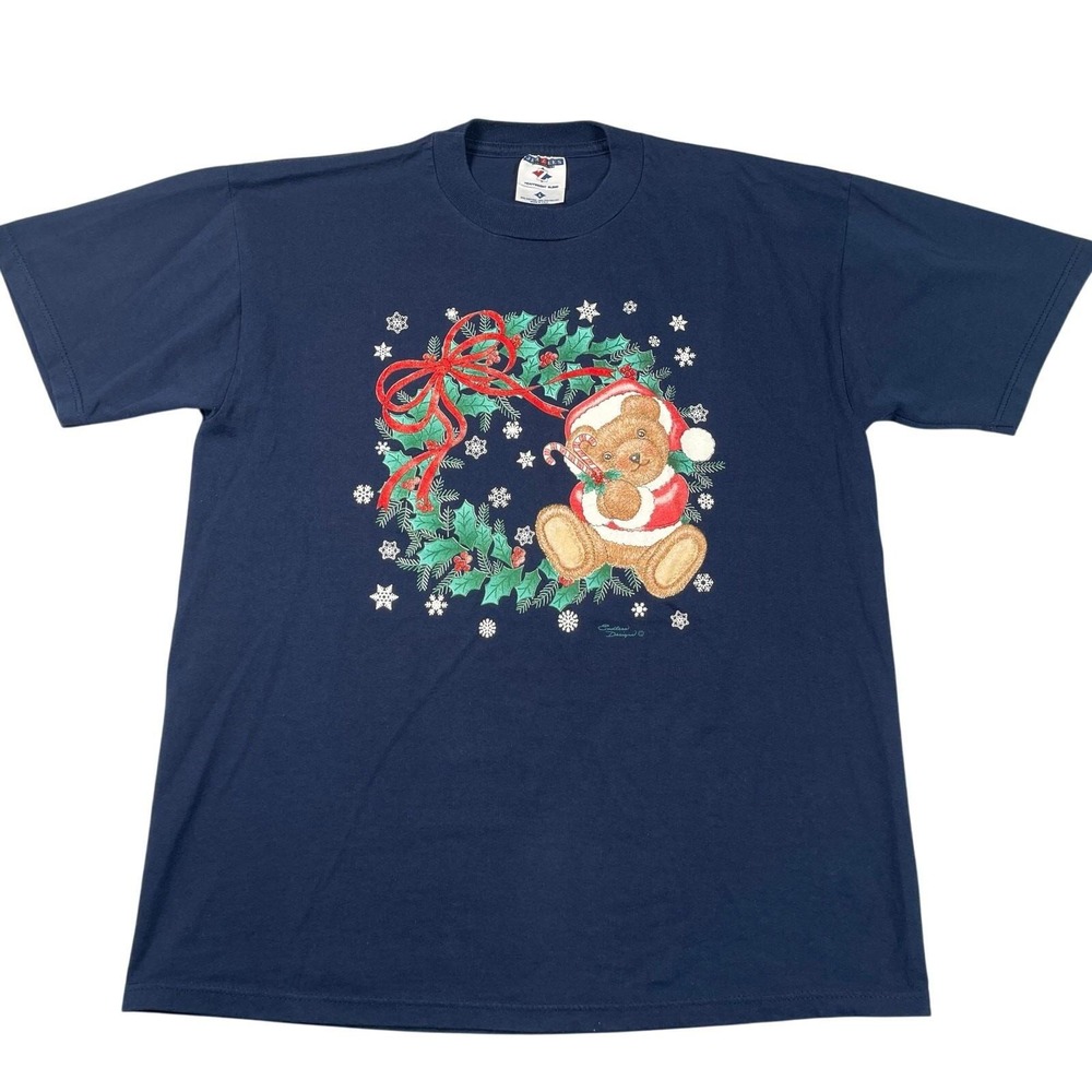 Vintage Endless Designs T-shirt Large Navy Christmas Wreath Teddy Bear USA Made‎
